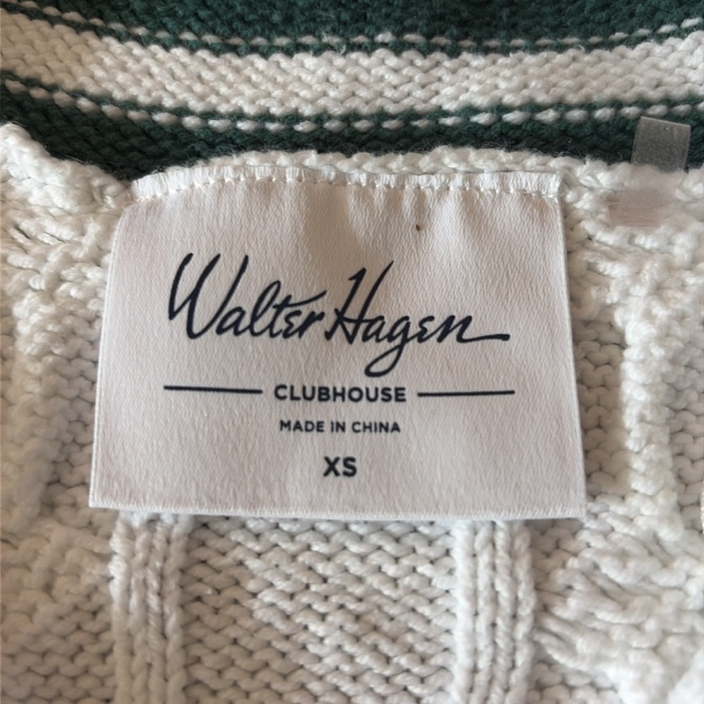 WALTER HAGEN EUC Women’s Golf/Tennis cotton v neck cable white &  green sweater - Picture 3 of 4